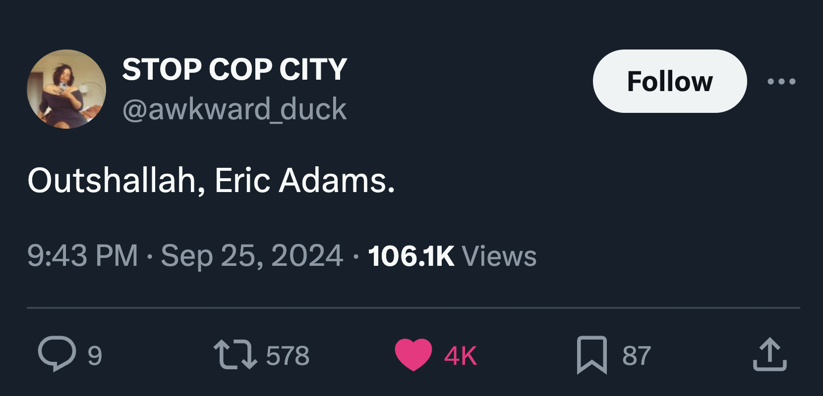 screenshot - Stop Cop City Outshallah, Eric Adams. Views 9 17 87